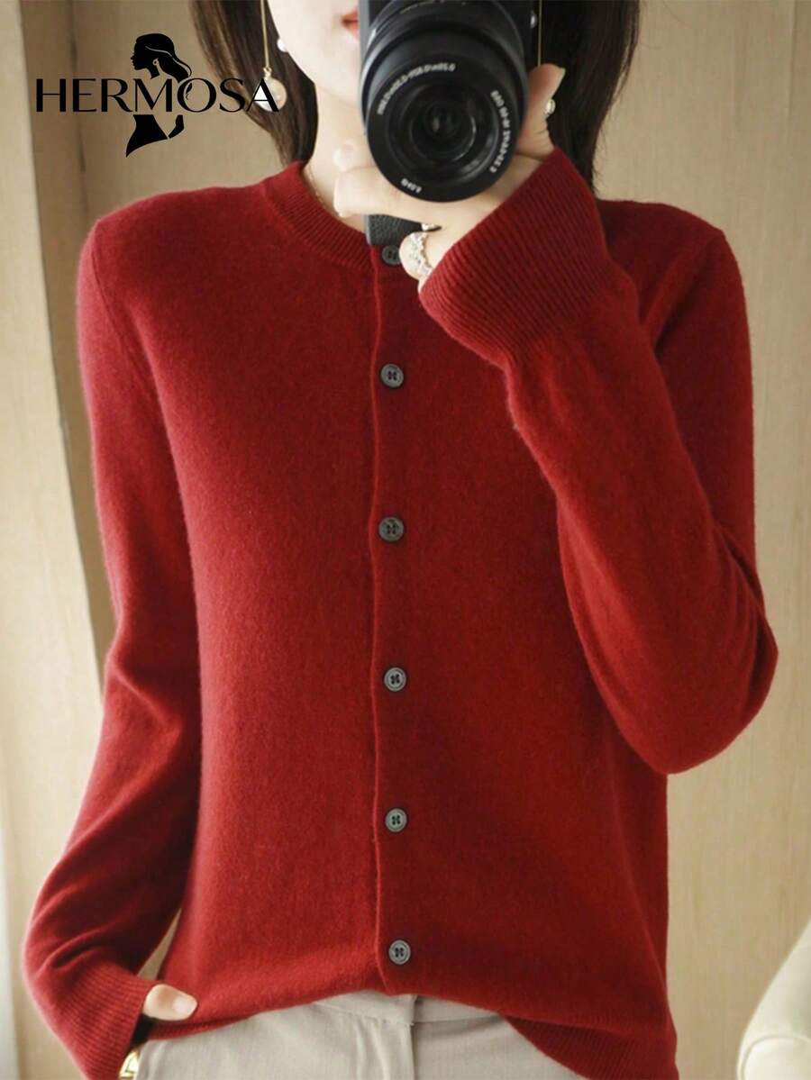 Women's Solid Color Round Neck Knit Cardigan With Buttons - Modern And Comfortable - Red - View 1
