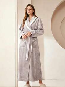 1pc Ultra Soft Long Flannel Bathrobe, Extra Thick, Suitable For Spa, Hotel And Home Use, Unisex, Multi-Color Spring/Autumn Style, Highly Absorbent And Quick Drying, Loose And Comfortable Home Bathrobe - One Size Fits All, Multiple Colors - View 4