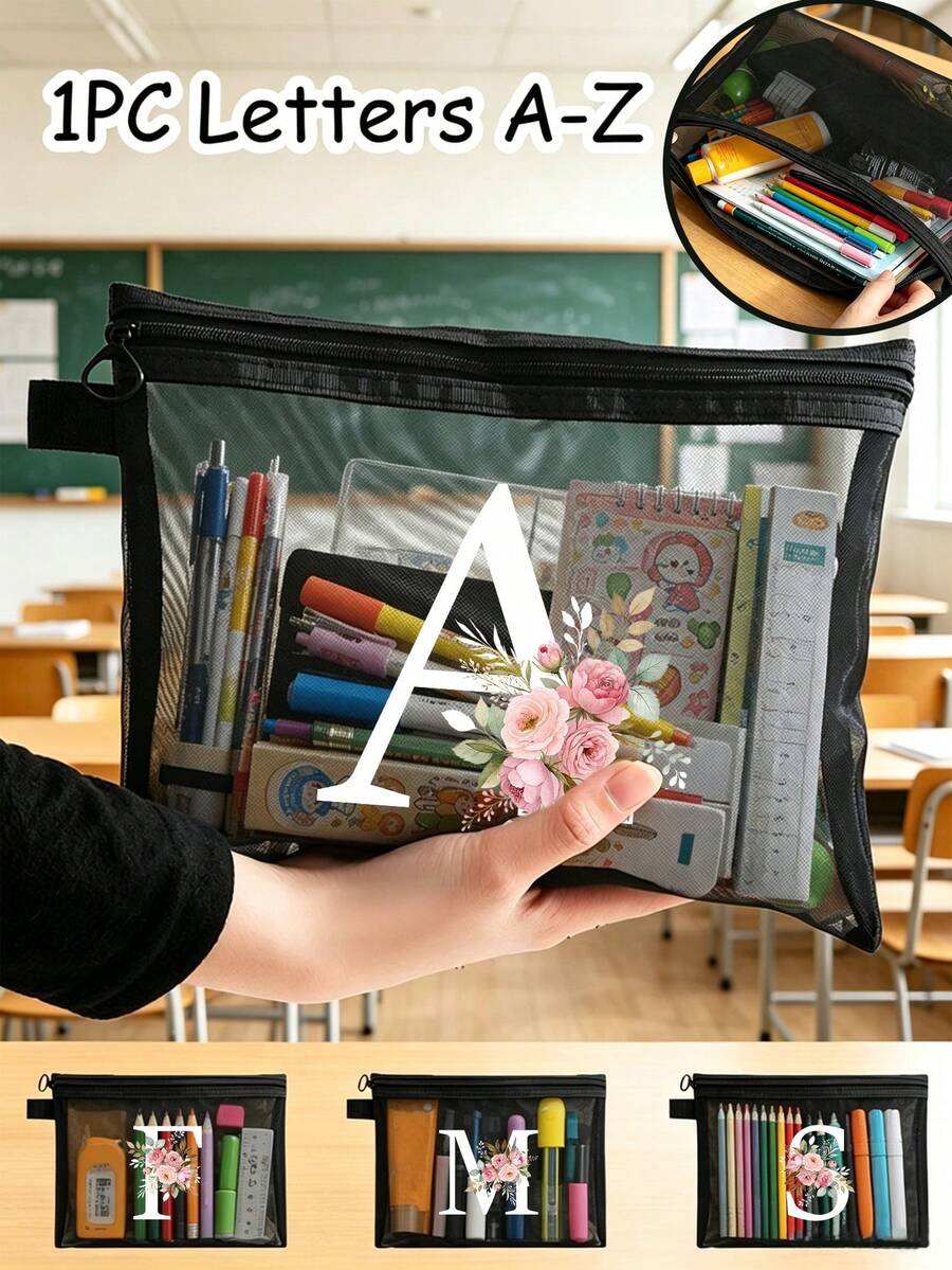 26 Patrones de Iniciales Alfabéticas Florales, Niña Bailarina, Material Tipo Lino, Adecuado para Uso Personal, Bolsa de Cosméticos para Mujer, Bolsa de Aseo, Bolsa de Aseo Pequeña, Bolsa de Maquillaje, Bolsillo, Estuche para Lápices - Multicolor - Ver 1