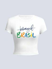 Women's Summer World Cup Soccer Print T-Shirt, Slim Fit Versatile, Y2K Sports Retro Style, Suitable For Matches, Dates, Street Outings, Vacations And Fan Parties - White - View 3