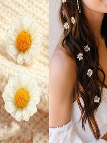 10/2pcs Daisy Flower Invisible Hair Clips,Small White Floral Hair Rings For Braids,Wedding Bridal Hair Accessories,Summer Beach Vacation Decor - White - View 4