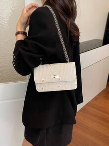 Mini bolso de hombro de paja con cadena y bordado de margarita nueva, bolso cuadrado pequeño con cierre giratorio de moda, bolso de playa mini elegante para mujer, bolso de playa de paja, artículos esenciales de playa, accesorios de playa y artículos imprescindibles de verano, artículos esenciales para vacaciones, combinación perfecta para accesorios de playa de mujer, bolso de vacaciones de verano de moda, adecuado para vacaciones y días festivos, bolso tote esencial de playa para mujer - Blanco - Ver 4