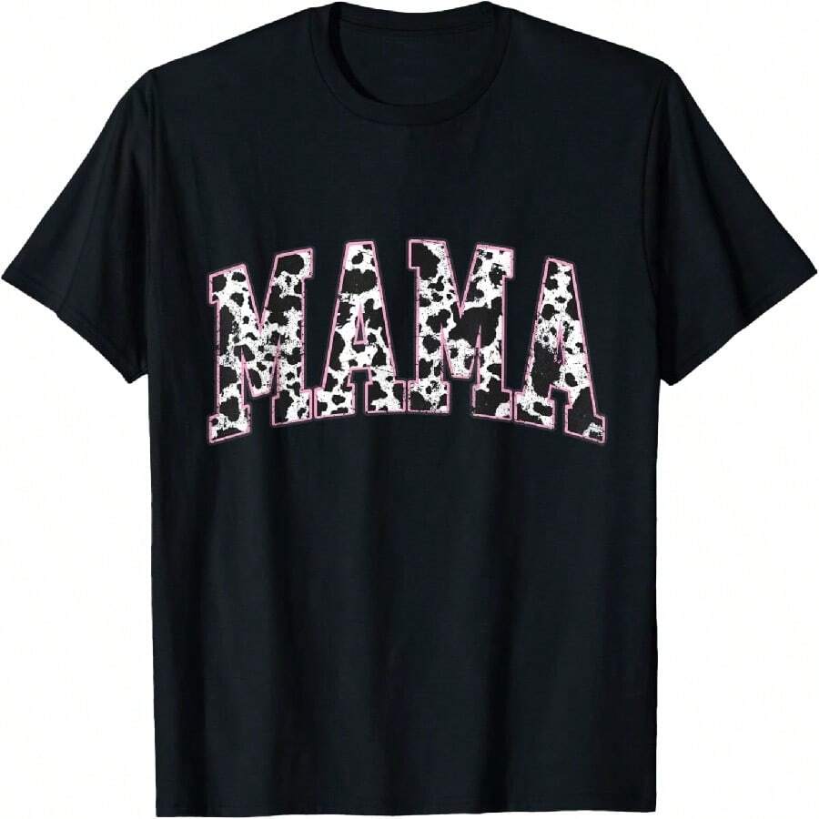 Mama Pink Cow Print Western Retro Varsity Cute T-Shirt - Black - View 1