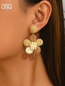 OOQ 1 par de pendientes colgantes de moda para mujer estilo vacaciones de verano, hechos a mano con flor de rafia, diseño minimalista, dulces y elegantes, color brillante dopamina, para fiesta en la playa, regalo de San Valentín, Día de la Madre y vuelta al cole para amigas (método de tejido artesanal aleatorio, puramente hecho a mano, puede presentar ocasionalmente marcas de desbordamiento de pegamento) - Café con leche - Ver 4