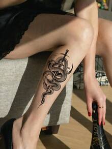1pc Y2K Style Tattoo, Snake & Sword Pattern, Animal Temporary Tattoo Sticker, Waterproof & Sweat-Proof, Washable, Non-Reflective, Realistic Tattoo Effect For Arms, Legs, Shoulders, Chest, Back, Suitable For Fashion-Forward People, Lasts 3 To 5 Days - Black - View 6