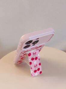 1pc Pink Side 3D Heart + Cherry Floral Bow Pattern Folding Card Holder Phone Case, Compatible With IPhone 17/16/15/14/13/12/11 - Multicolor - View 3