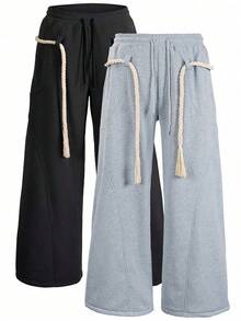 HEYKESON 2pcs Men's Thick Cable Knit Tassel Drawstring Wide Leg Sweatpants, Loose Casual Style Long Pants - Multicolor - View 3