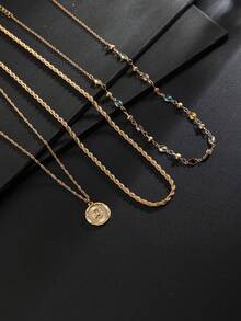 3pcs/Set Men's Gold Layered Necklace, Gemstone Beaded Design With Sun Round Pendant And Twisted Rope Chain, Stackable, Luxury Old Money Style Jewelry - Gold - View 5