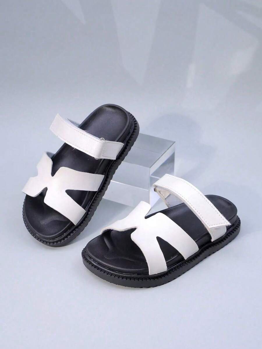 1 Pair Kids Minimalist Dual-Color Comfortable Lightweight Double Strap Design Flat Casual Sandals For Daily Wear And Vacation - Black and White - View 1