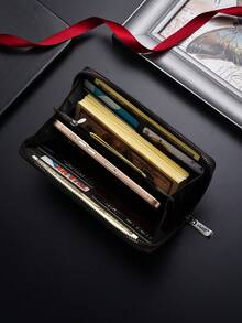 SHABILI 1pc Solid Color PU Large Capacity Zipper Business Wallet Clutch Phone Bag For Men, Commuting, Students, Daily Use - Coffee Brown - View 4