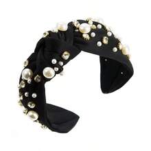 1pc Pearl & Rhinestone Decorated Knotted Headband, Solid Color Fabric Headband, Elegant Non-Slip Women's Daily & Party Hair Accessory - View 1