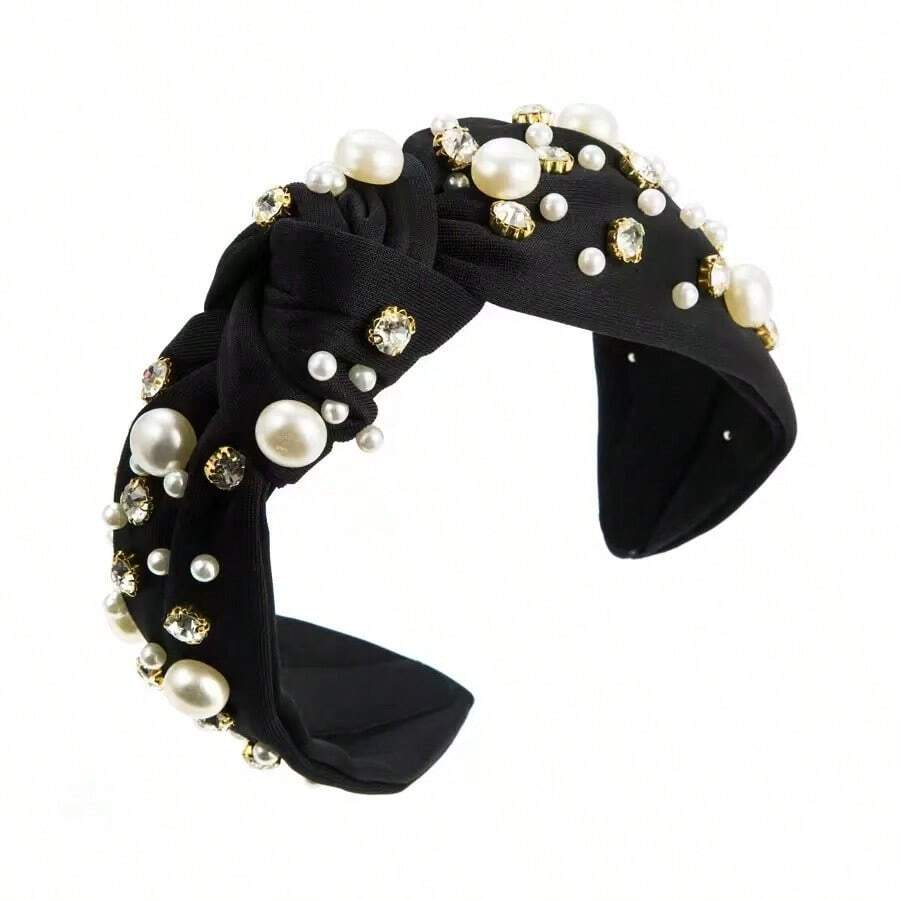 1pc Pearl & Rhinestone Decorated Knotted Headband, Solid Color Fabric Headband, Elegant Non-Slip Women's Daily & Party Hair Accessory - View 1
