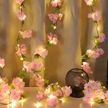 1pc Leaf Cherry Blossom Vine String Lights, Artificial Hydrangea Vine, Hanging Faux Hydrangea Vine Suitable For Room Anniversary, Wedding, Birthday, Mother's Day, Father's Day, Thanksgiving, Party Decoration Leaf Garland, Floral Wreath, Pink Gradient Flowers, Battery Box Powered (Batteries Not Included) - Cherry Blossoms - View 10
