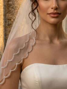 1pc Double Layer Crystal Beaded Edge Wedding Veil, Heavy Work Bridal Short Veil, High Quality Soft Tulle - Multicolor - View 2