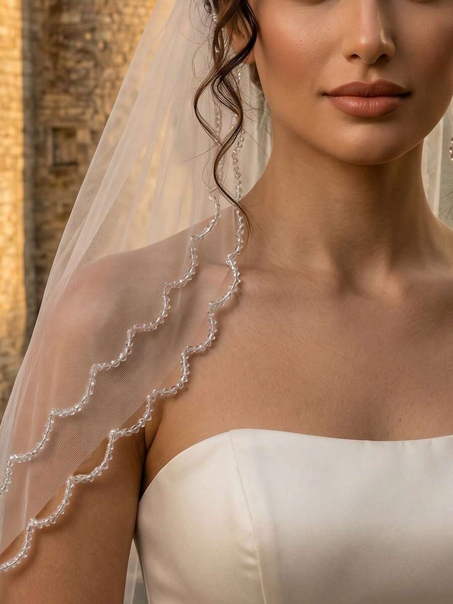 1pc Double Layer Crystal Beaded Edge Wedding Veil, Heavy Work Bridal Short Veil, High Quality Soft Tulle