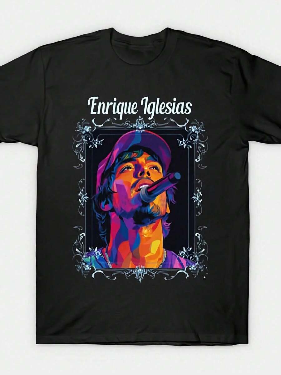 Eine Nachbildung des Stils, den der Promi Enrique Miguel Iglesias Preysler trägt. Musiker-Fanart-T-Shirt. - Schwarz - Übersicht 1