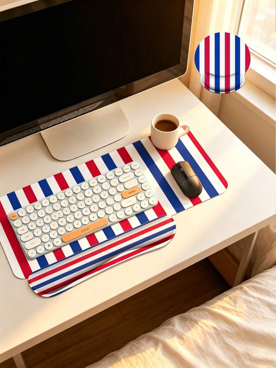 3-Color Striped Mouse Pad, Wrist Rest Mouse Pad, Keyboard Wrist Pad, Non-Slip Rubber Bottom, Smooth Fabric, Relieves Wrist Pain And Fatigue, Office Computer Typing Mouse Pad, Suitable For Gaming, Learning And Office Use - View 1