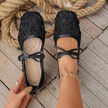 Women's White Floral Lace Square Toe Bow Tie Strap Flat Shoes, Slip-On Cute Elegant Fashion Spring/Autumn Design - Black - View 9