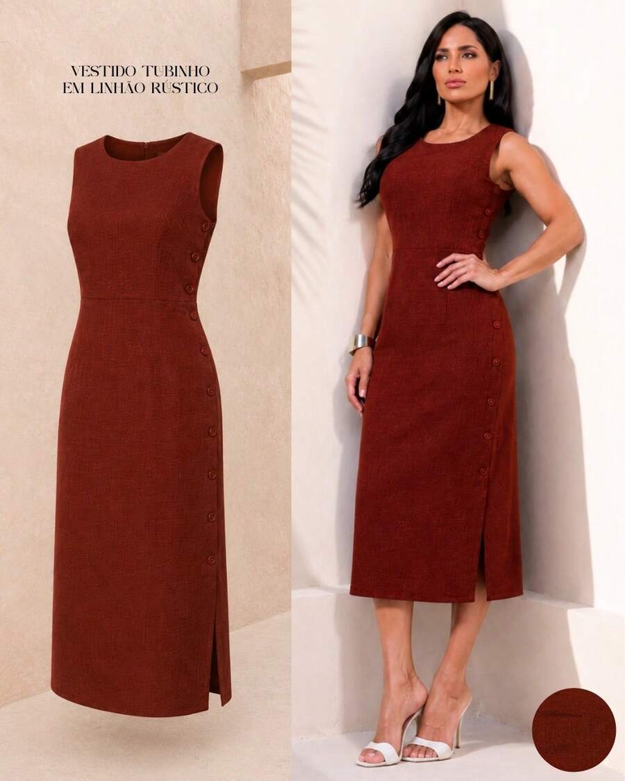 Women's Midi Dress Elegant Casual Buttons Front Simple Button - 亮橙色 - 查看 1