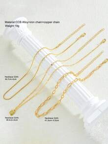 3pcs/Set Gold Tone Multi-Layer Geometric Paperclip & Cubic Zirconia Rectangular Pendant Necklace Jewelry Set - Gold - View 6