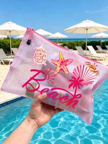 時尚防水PVC沙灘包，印有「Beach」彩色字母，A4尺寸，透明化妝包配尼龍拉鍊，適合游泳、潛水和夏季度假，輕巧，適合年輕男女，沙灘包配件，旅行必需品，旅行配件，度假必備。返校用品盥洗包洗浴包大容量淋浴包，女士母親節禮物教師禮物郵輪必需品 - 彩色 - 查看 5
