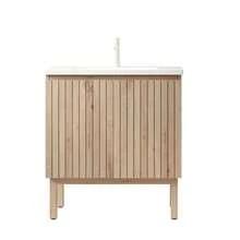 NIKO 80cm freestanding bathroom washing table with integrated basement wash basin made of white ceramic, striped wardrobe with adjustable shelf inside and double doors, white oak wood mastering Frabe - 80,5 cm + Keramikspüle 1 - Übersicht 3