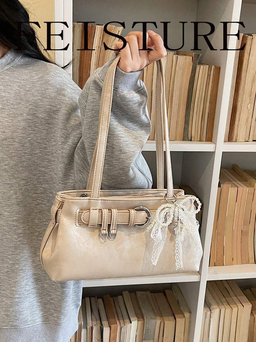 FEISTURE 1pc Strap Decor Vintage Shoulder Bag, PU Material Underarm Bag, Sold With Charm, Suitable For Daily Outings, Dates, Commuting