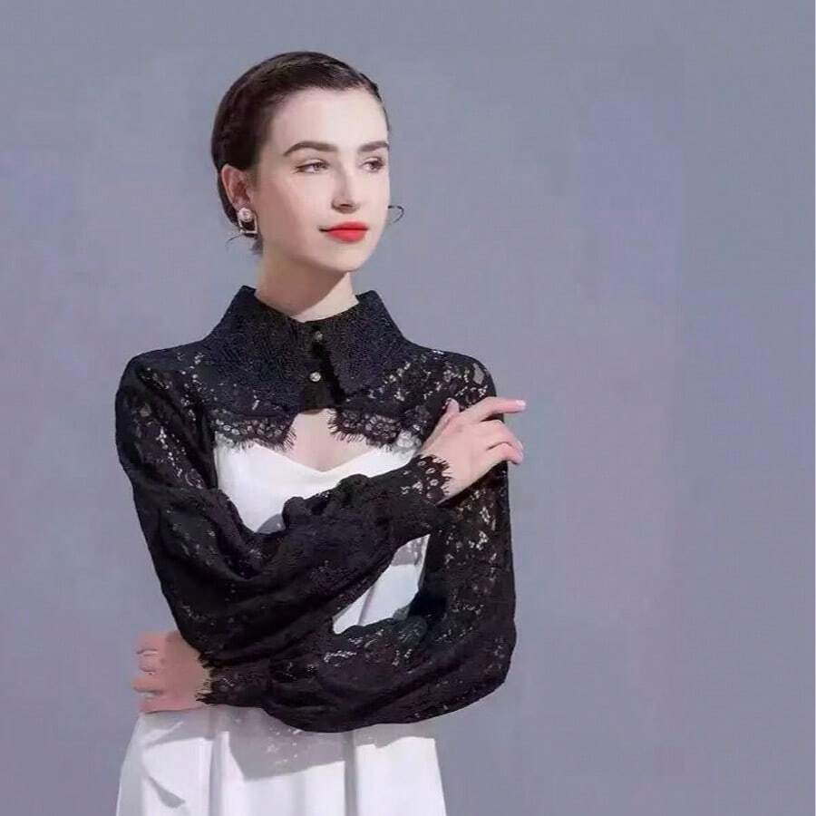 1件女款仙女風防曬假領罩衫，夏季薄款透氣披肩短外套，可搭配裙裝的外穿上衣 - 彩色 - 查看 1