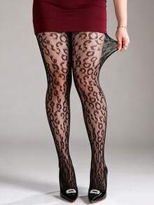 1 Par de Meias-Calça de Rede com Estampa de Leopardo para Mulheres, Meias-Calça de Rede Elásticas com Curvas, Meias Pretas Sexy da Moda, Adequadas para Halloween, Dia dos Namorados e Diversos Looks de Feriados, Versátil Y2K - Preto - Visão 3