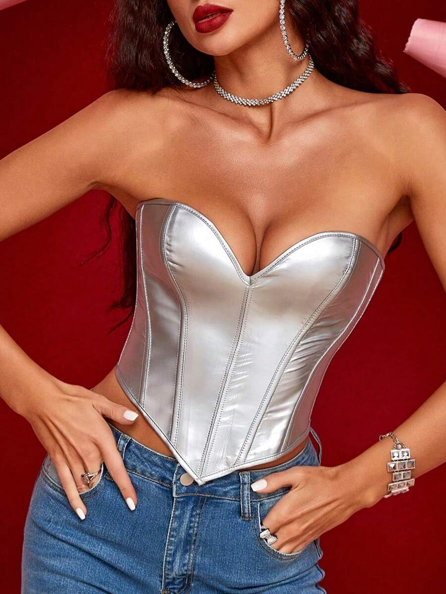 Apperloth A Gothic Metallic Lace Up Back Hanky Hem PU Leather Underbust Corset Top - Silver - View 1