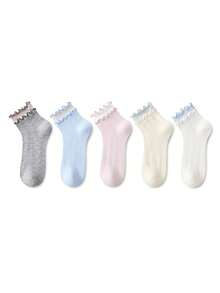 ZUJO 5 Pairs Cute Sweet Ruffle Trim Ankle Socks, Skin-Friendly Breathable Socks, Suitable For All Seasons Daily Wear, Random Colors - Multicolor - View 5