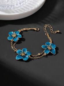 1pc Fashion Classic Versatile Elegant Summer Vacation Style Handmade Oil Drip Dreamy Blue Plumeria Double Layer Anklet For Women - Blue - View 2