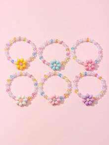 6Pcs Kids Flower Beaded Bracelets Set, Colorful Faux Pearl Children Jewelry, Ideal Birthday Gifts, Party Favor Supplies For Little Girls Wrist - Multicolor - View 6