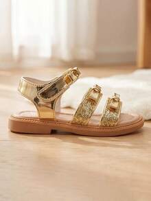 Model Terbaru - Sandal Emas untuk Anak Perempuan Usia 3-12 Tahun. Emas Metalik + Garis Berkilau + Pita + Perekat. Gaya Transparan Mengkilap. - Emas - View 3