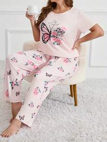 Plus Size Casual Comfortable Butterfly Print Short Sleeve & Long Pants Women's Loungewear 2 Pieces Set Pajamas - Pink - View 2