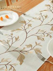 HXARTMIS 1pc Tassel Embroidered Floral Faux Linen Table Runner, Pastoral Green Leaf And Vine Pattern, Washable Long Tablecloth, Suitable For Dining Room, Coffee Table, Wedding, Party And Home Decor - White/Coffee - View 4