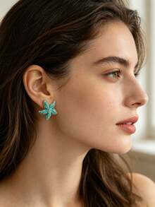 1 Pair Stainless Steel Gold-Plated Oil Drop Earrings, Low-Allergy Fade-Resistant, Elegant Green Enamel Starfish Earrings, Summer Forest Ocean Beach Style, Bohemian Style, Suitable For Women's Daily Wear, Dates, Vacations And Valentine's Day, Perfect Holiday Gift - Multicolor - View 2