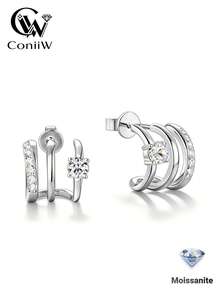 ConiiW 一對 925 純銀莫桑石三股半開式幾何耳環,中性款,適合送給女友的禮物,適用於派對或約會 - 銀色 - 查看 2