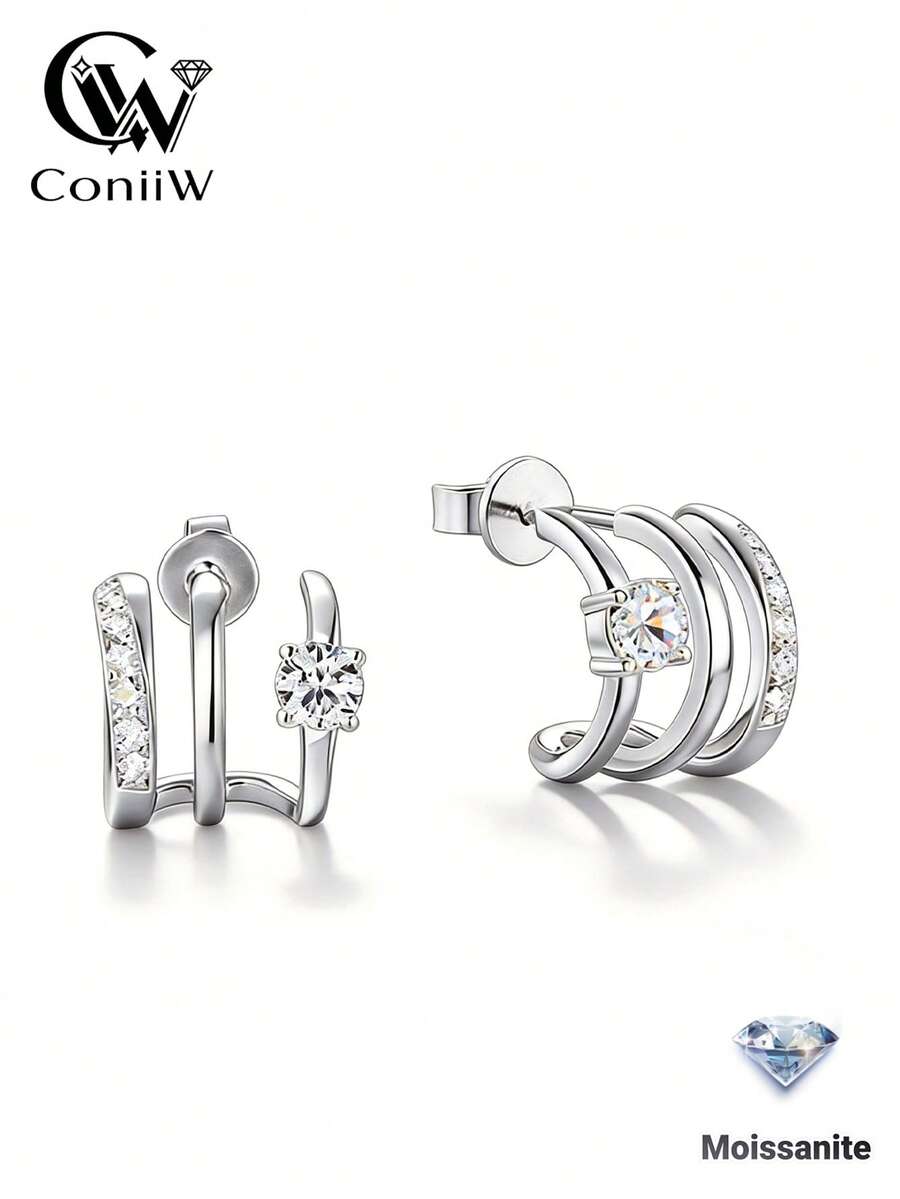 ConiiW 一對 925 純銀莫桑石三股半開式幾何耳環，中性款，適合送給女友的禮物，適用於派對或約會