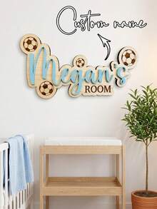 Customized Football Theme Wooden Name Plate Wall Decor, 3D Double-Layered Overlap Design, 30cm/40cm/50cm Sizes, Personalized Name Sign Birthday Gift - Black - View 4