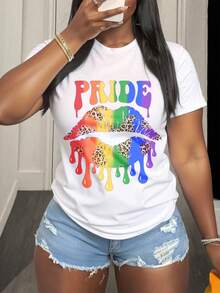 Pride Rainbow Lips Leopard Print Graphic Tee For Pride Month Celebration Party Wear - White - View 1