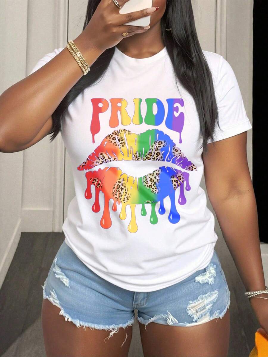 Pride Rainbow Lips Leopard Print Graphic Tee For Pride Month Celebration Party Wear - White - View 1