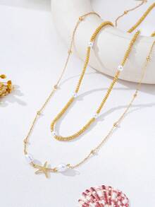 2pcs Fashionable Minimalist Sexy Metal Starfish Double Layer Chain Waist Chain, Suitable For Daily And Vacation Wear - Yellow Gold - View 2