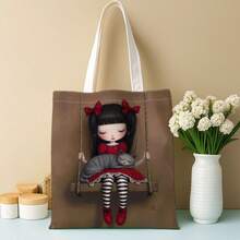 1pc Gothic Cute Doll Tote Bag, Swing Dark Art Reusable Shopping Bag, Multifunctional Personalized Print Handbag, Casual Design, Suitable For Book Lovers, Perfect Gift For Friends, Birthday, New Year, Christmas,Room Decor,Travel Essential - Multicolor - View 7