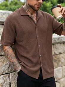 Camiseta de manga corta con cuello de cárdigan de moda casual de verano para hombres, adecuada para ocasiones de negocios y uso diario - Marrón - Ver 5