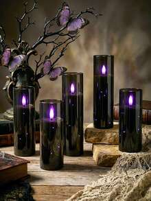 5pcs Flameless Candle Lights With Timer Remote Control, Battery Operated Embedded Flickering String Lights, Suitable For Halloween, Christmas, Valentine's Day, Mother's Day, Birthday, Gift, Proposal, Wedding, Party, Holiday - Black-purple Light - View 3
