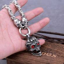 Stainless Steel Red Eye Skull Pendant With Skull Square Chain Necklace Men's Fashion Pendant Necklace Hip Hop Male Jewelry Gift - Silver - View 3