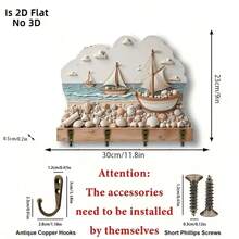 2D Flat, 1pc, 2D Flat "Sailboat Shell Beach Pattern" Wooden Multi-Functional Home Key Hook (11.8"X9"), With 4 Metal Hooks, Wall Decor, Porch, Room, Villa Decor, Kitchen Tool Hook, All Season Home Decor, 2D Flat, Suitable For 11 Holidays Including Christmas Holiday Decor - Multicolor - View 6