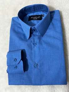 Women's Premium Linen-Style Dress Shirt, Long-Sleeved, Structured, Straight Fit, Plain Polyester With Linen Print - 靛藍牛仔褲 - 查看 9