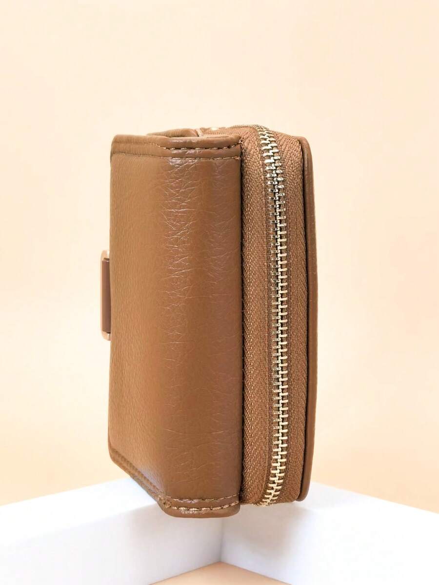 MINGYOU Short Trifold Handheld Wallet, PU Women's Multifunctional Wallet With Zipper, Large Capacity Coin Purse, ID Card Holder - Brown - View 1